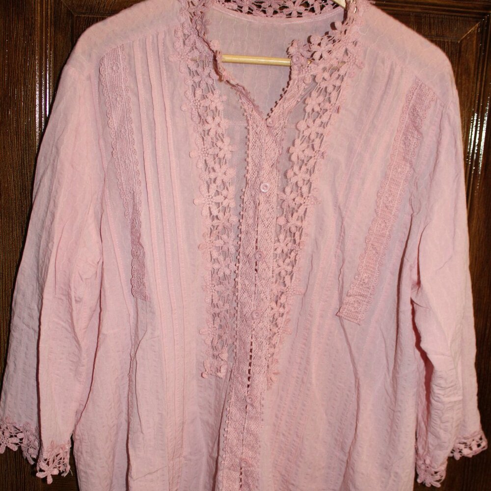 Pink Boho Blouse. Button down with sheer lace detail